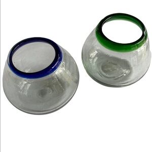𝅺HAND blown glass votive candle holders clear with color rim blue and green 4”H
